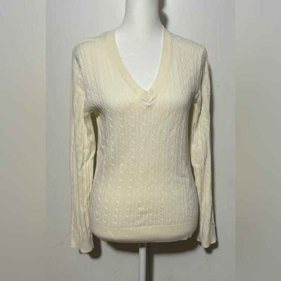Tommy Hilfiger Sweater Womens L Cable Knit Cream Ivory Pullover Vneck long SIv. - Picture 1 of 5